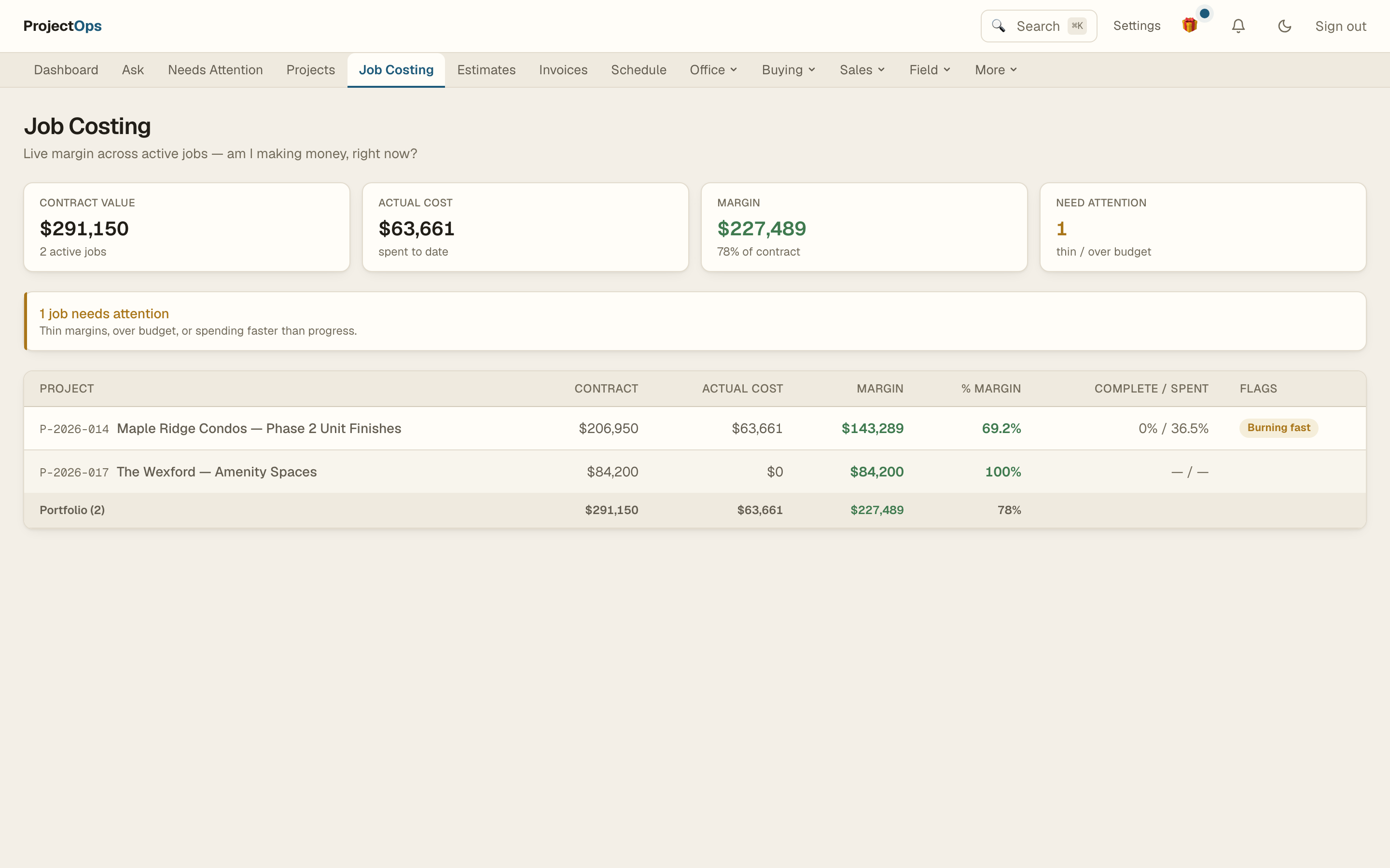 Job costing in ProjectOps
